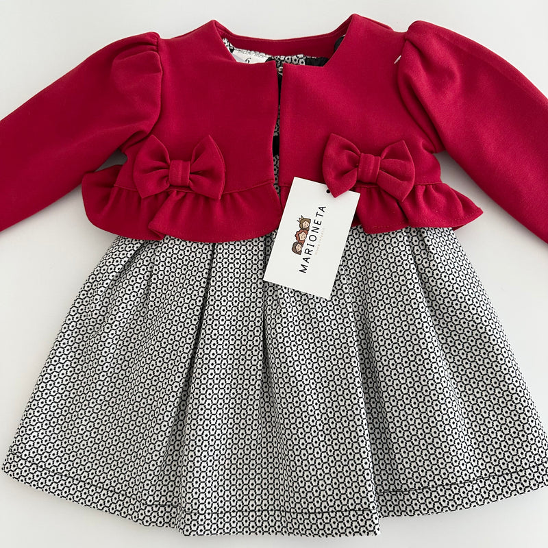 Vestido dos piezas vestido blanco con negro y chaqueta roja para bebe niña.