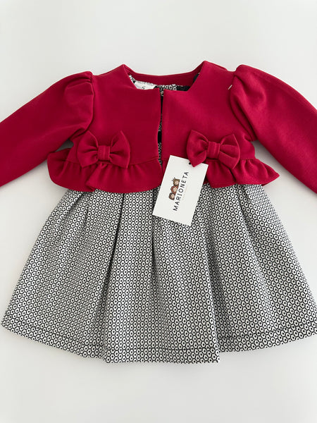 Vestido dos piezas vestido blanco con negro y chaqueta roja para bebe niña.
