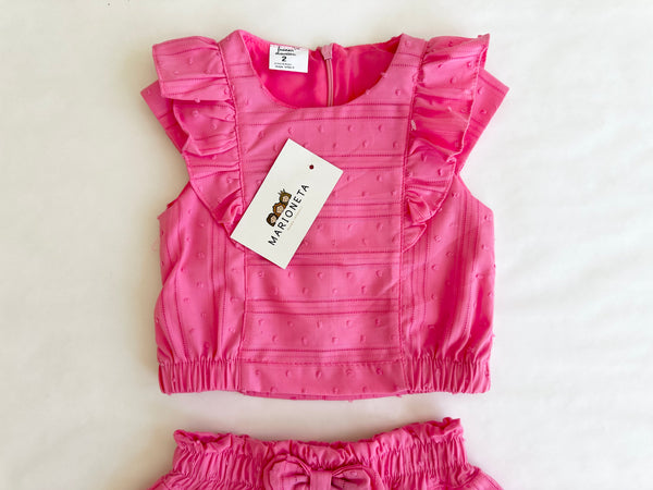 Conjunto dos piezas blusa rosa con detalle de olan y falda de olanes para niña. | mexicana.