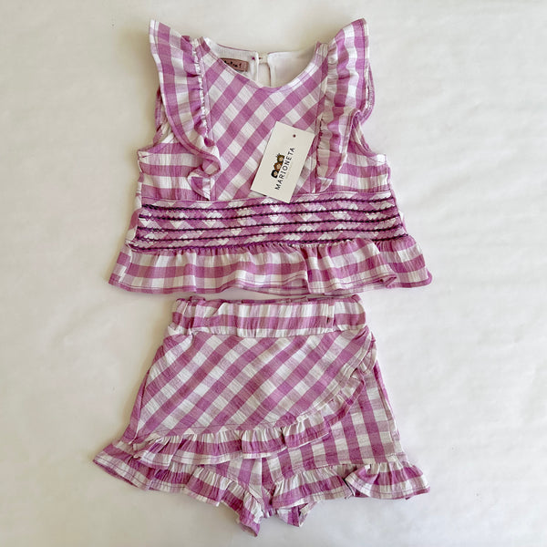 Conjunto dos piezas blusa con picuenta y short falda color lila para niña | MARCA MEXICANA