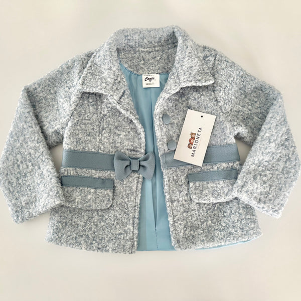 Vestido  color azul  y lazo al frente y juego de abrigo para niña |