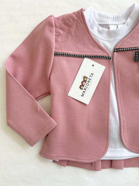 Conjunto tres piezas falda gallo, chaqueta rosa playera blanca para niña | mexicano lo