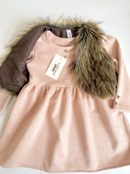 Vestido color rosa con chaleco cafe de peluche para niña Mexicano