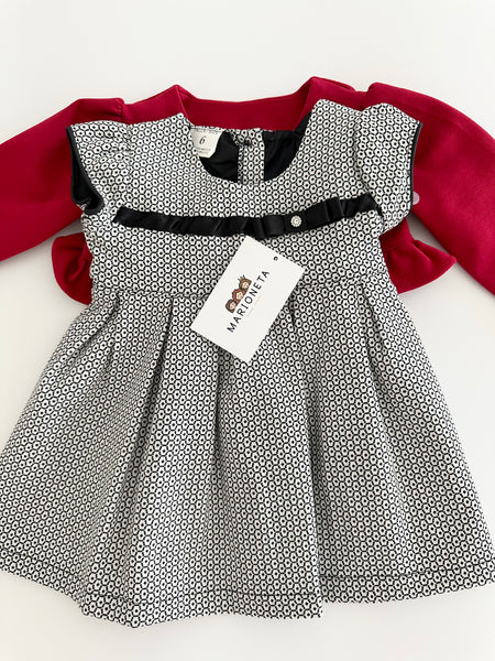 Vestido dos piezas vestido blanco con negro y chaqueta roja para bebe niña.