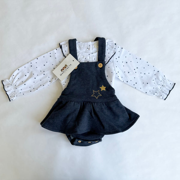 Jumper marino y blusa blanca con estampado de estrellas marino y volante al cuello para bebe niña | Dadati