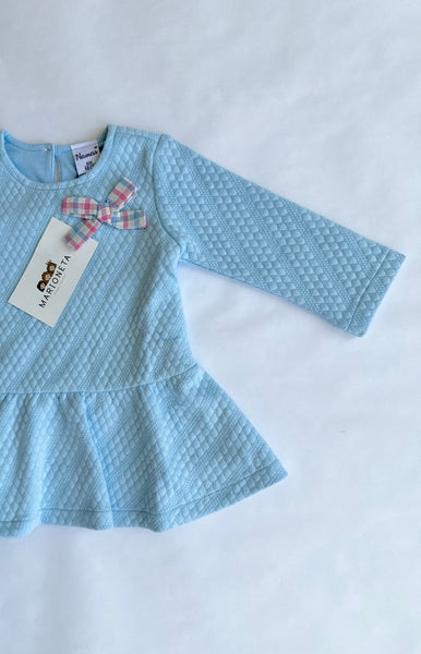 Vestido afelpado color azul  manga larga con adorno de lazo al frente para bebe niña | Newness