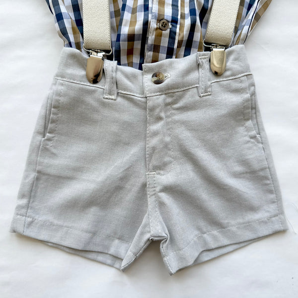 Conjunto cuatro piezas camisa a cuadros y short, tirantes y moño en beige para niño | mexicano