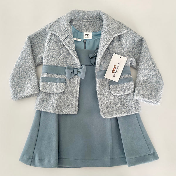 Vestido  color azul  y lazo al frente y juego de abrigo para niña |