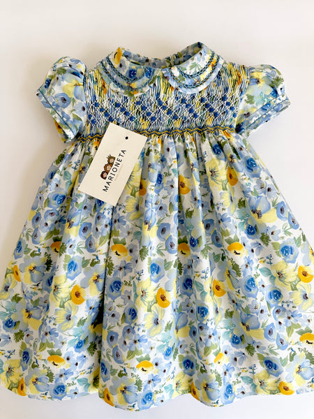 Vestido bordado con flores color azul con amarillo para niña marca CARPI