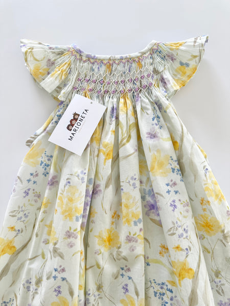 Vestido jesucito bordado hecho a mano floreado amarillo con lila para niña|