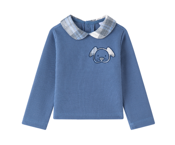 Conjunto de sudadera de felpa azul con adorno de perrito y short en tejido de cuadros azul con blanco para bebe niño | Newness