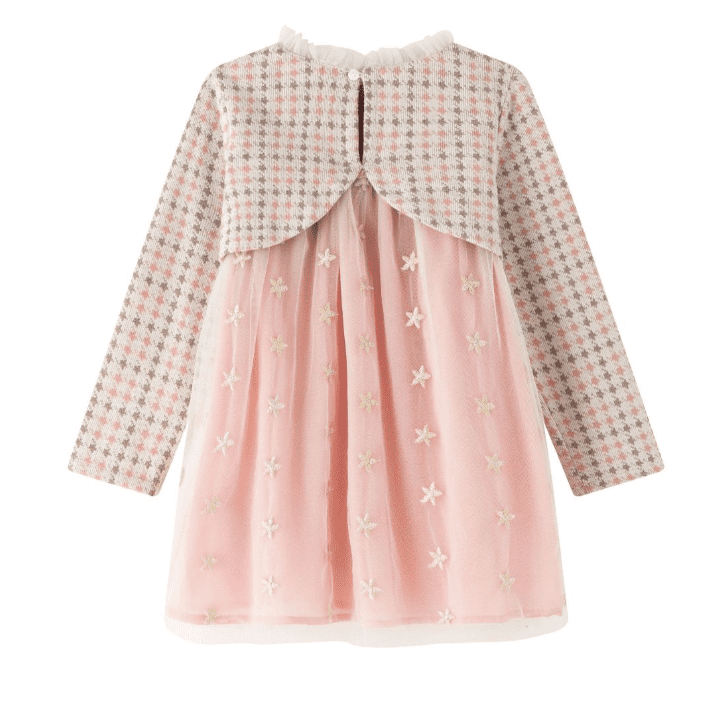 Vestido de fiesta rosa , con corte tipo babydoll, combinado de tejido tipo felpa en el cuerpo y mangas, y tul bordado en falda para niña | Newness