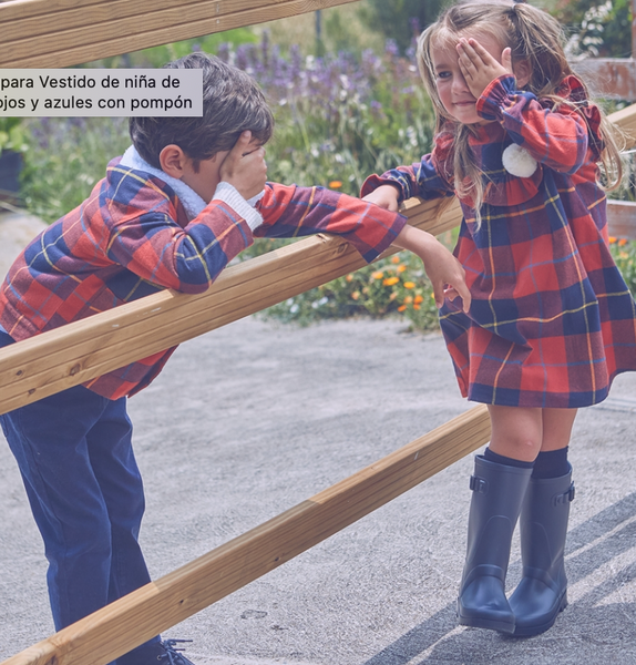 Vestido de niña de cuadros tartán rojos y azules con pompón para niña   Dadti