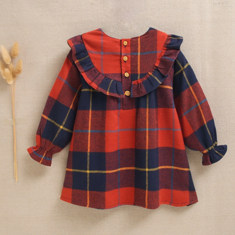 Vestido de bebé niña de cuadros tartán rojos y azules con pompón, para bebe niña. Dadati