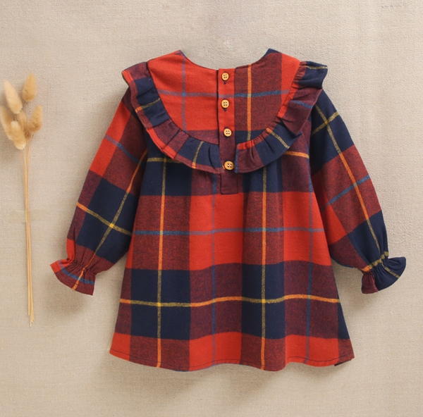 Vestido de bebé niña de cuadros tartán rojos y azules con pompón, para bebe niña. Dadati