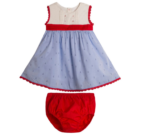 Vestido blanco con azul estampado con fajo color rojo y braguita para bebe niña | Newness