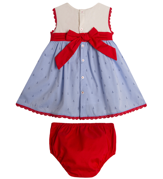 Vestido blanco con azul estampado con fajo color rojo y braguita para bebe niña | Newness