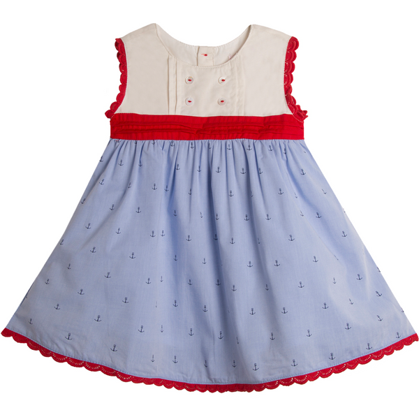 Vestido blanco con azul estampado con fajo color rojo y braguita para bebe niña | Newness