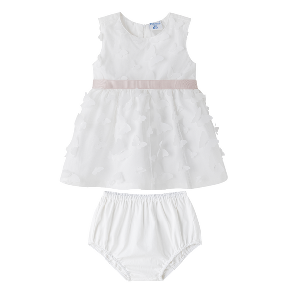 Vestido blanco de tul con aplicaciones de mariposa y cinto color nut para bebe niña | Newness