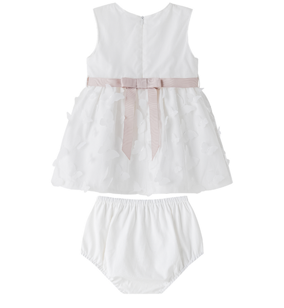 Vestido blanco de tul con aplicaciones de mariposa y cinto color nut para bebe niña | Newness