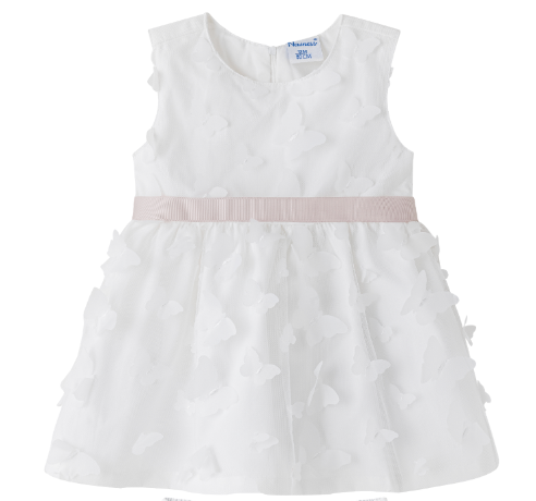 Vestido blanco de tul con aplicaciones de mariposa y cinto color nut para bebe niña | Newness