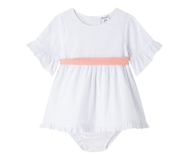 Vestido blanco de plumeti con banda color rosa  salmon y braguita para bebe niña | Newness