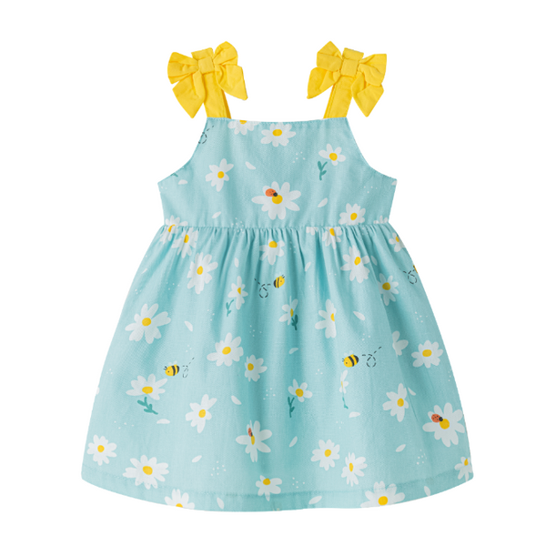 Vestido azul con estampado de flores  y lazos en los hombros para bebe niña | Newness