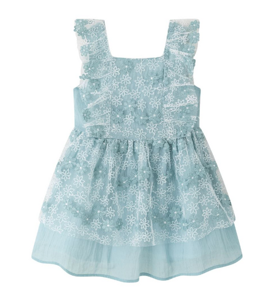 Vestido de fiesta de niña de tirantes con volante fruncido. Combinado con tejido de tull de flores bordadas. Abotonado en espalda, para niña | Newness