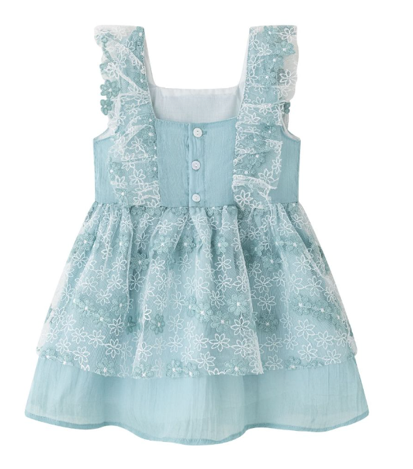 Vestido de fiesta de niña de tirantes con volante fruncido. Combinado con tejido de tull de flores bordadas. Abotonado en espalda, para niña | Newness