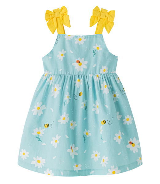 Vestido de niña de tirante lazo. En tejido azul estampado abejas, para niña | Newness