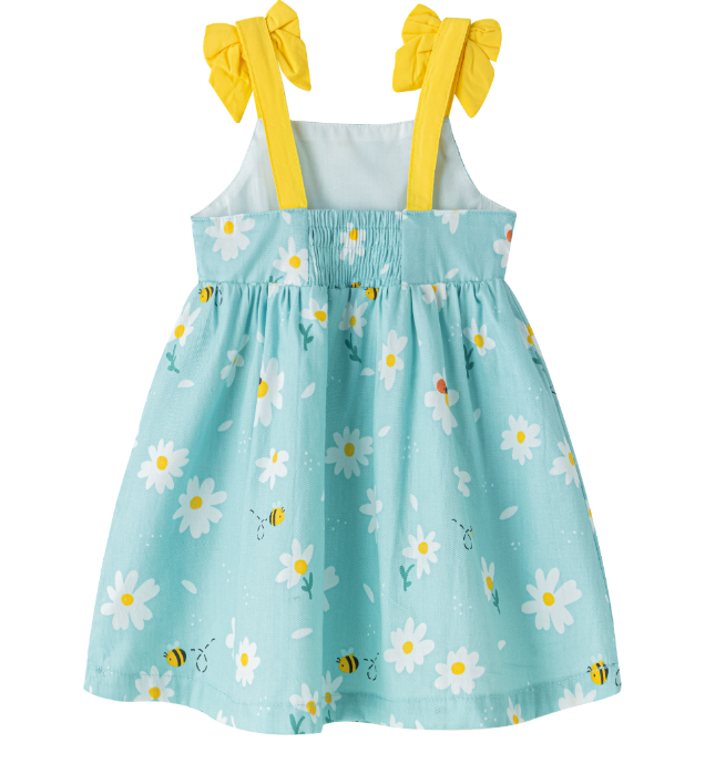 Vestido de niña de tirante lazo. En tejido azul estampado abejas, para niña | Newness