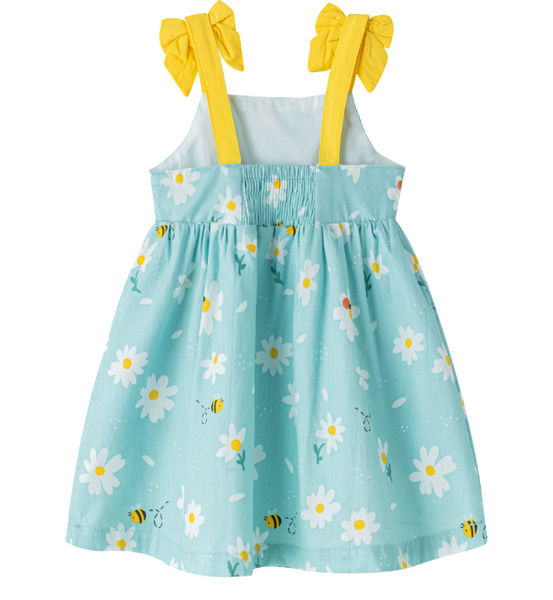 Vestido de niña de tirante lazo. En tejido azul estampado abejas, para niña | Newness