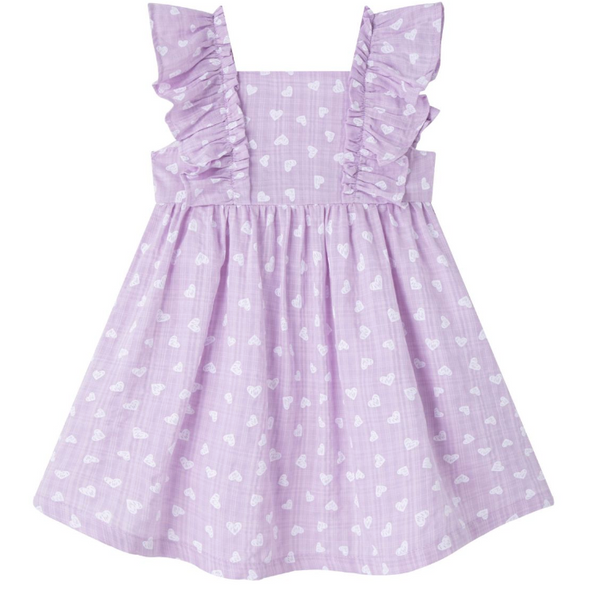 Vestido de niña de tirantes con volante. En tejido de algodón y viscosa, estampado de corazones en textura de cuadro, para niña | Newness