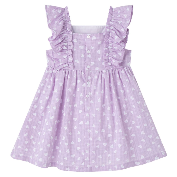 Vestido de niña de tirantes con volante. En tejido de algodón y viscosa, estampado de corazones en textura de cuadro, para niña | Newness