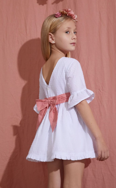 Vestido de fiesta color blanco en plumiti, con doble fajo en color rosa y verde para diferentes ocaciones, para niña | Newness