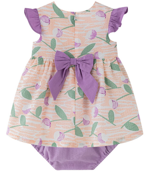 Vestido estampado color lila, naranja y verde para bebe niña. | Newness