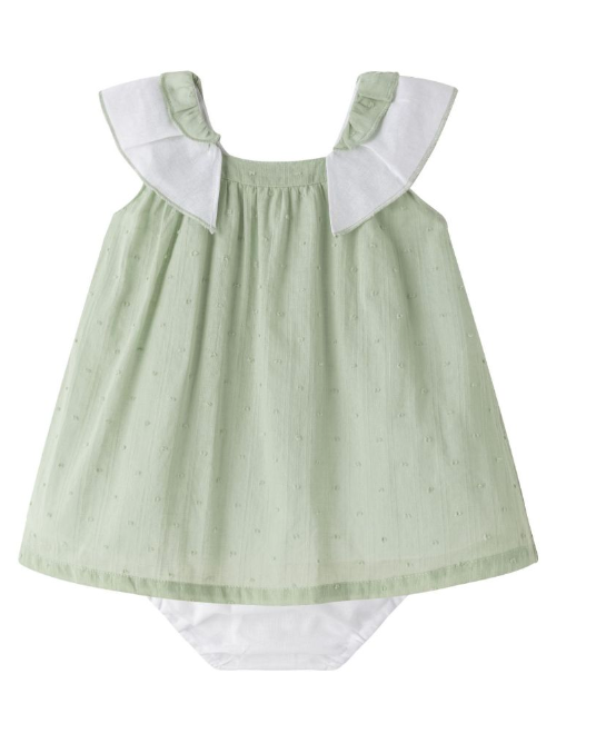 Vestido color verde con blanco de plumeti para bebe niña .| Newness