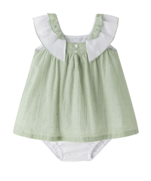 Vestido color verde con blanco de plumeti para bebe niña .| Newness