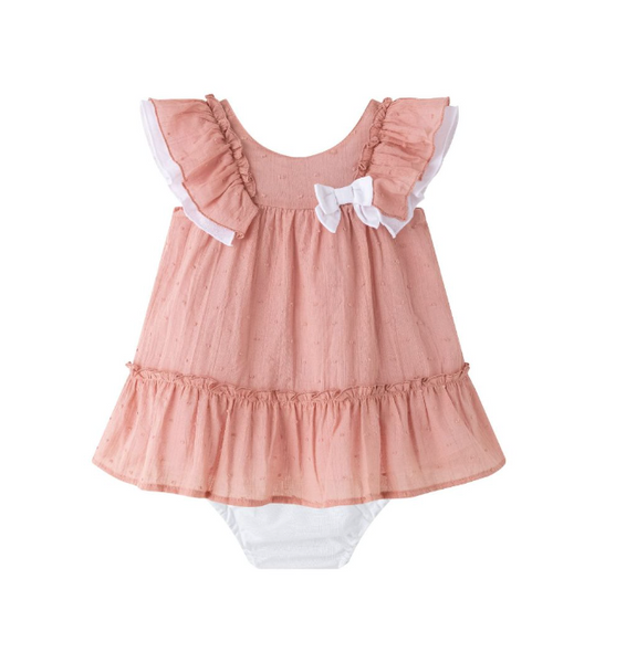 Vestido de fiesta de tirantes con braguita, color salmon  de plumeti 100% algodón, para bebe niña | NEWNESS