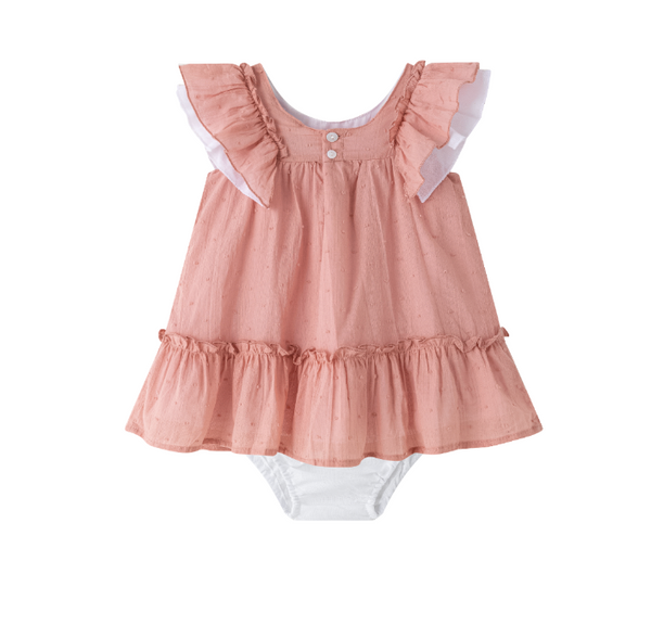 Vestido de fiesta de tirantes con braguita, color salmon  de plumeti 100% algodón, para bebe niña | NEWNESS