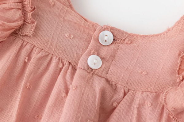 Vestido de fiesta de tirantes con braguita, color salmon  de plumeti 100% algodón, para bebe niña | NEWNESS