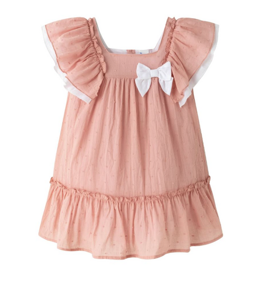 Vestido de fiesta color salmon con blanco de tirantes con lazo al frente para niña | NEWNESS