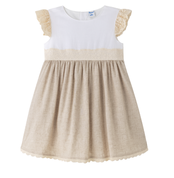 Vestido de fiesta color beige con ivory  y adorno de encaje para niña | Newness