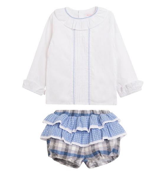 Conjunto dos piezas blusa blanca y short azul con olanes para bebe niña | NEWNESS