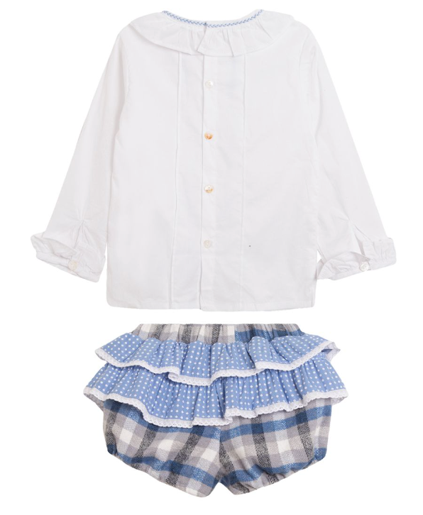 Conjunto dos piezas blusa blanca y short azul con olanes para bebe niña | NEWNESS