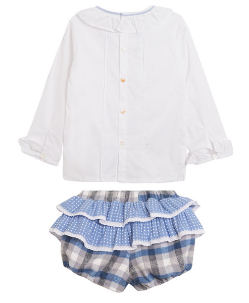 Conjunto dos piezas blusa blanca y short azul con olanes para bebe niña | NEWNESS