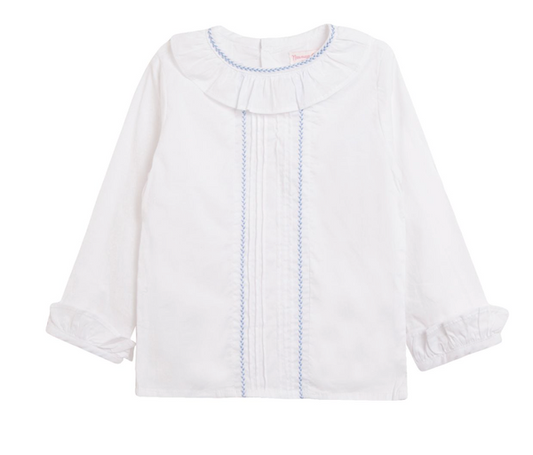 Conjunto dos piezas blusa blanca y short azul con olanes para bebe niña | NEWNESS