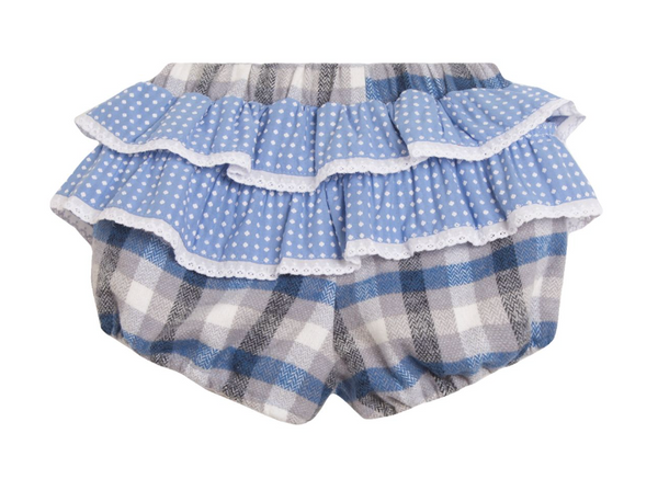 Conjunto dos piezas blusa blanca y short azul con olanes para bebe niña | NEWNESS