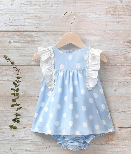 Vestido azul con lunares blancos , Para bebe niña | Dadati