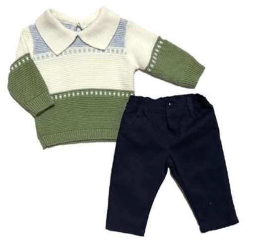 Conjunto dos piezas sueter verde de franjas o azul con pantalon para bebe niño| mexicana